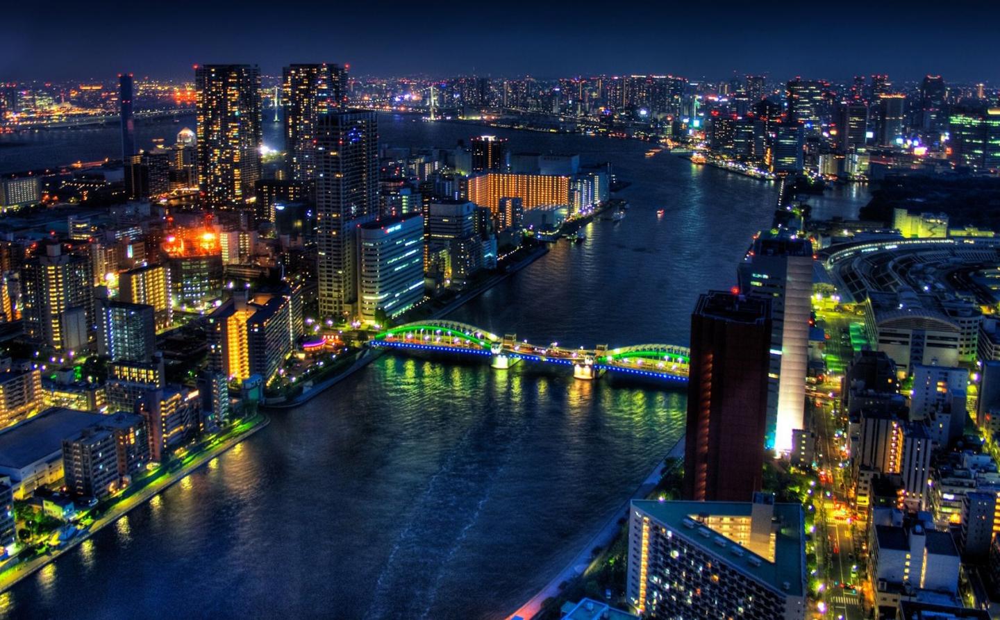 Río Arakawa en Tokyo de noche