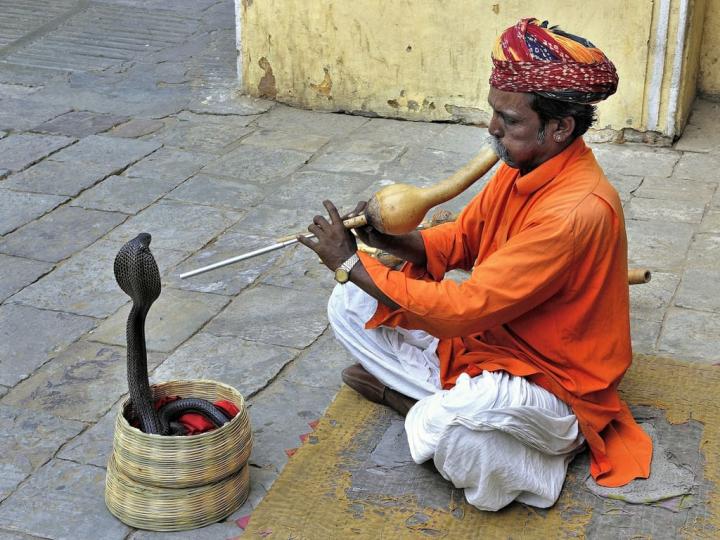 Encantador de serpientes tocando la flauta